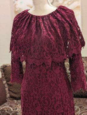 Dainty Jewells Elegant Burgundy Lace Maxi Dress with Capelet